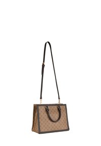 Bolso tote de patrón marrón con ribetes negros, doble asa y correa de hombro desmontable. Material textil con textura suave y detalles dorados.