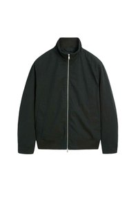 Black zip-up jacket, collarless design, made from lightweight fabric, features two side pockets and ribbed cuffs at the hem and sleeves.