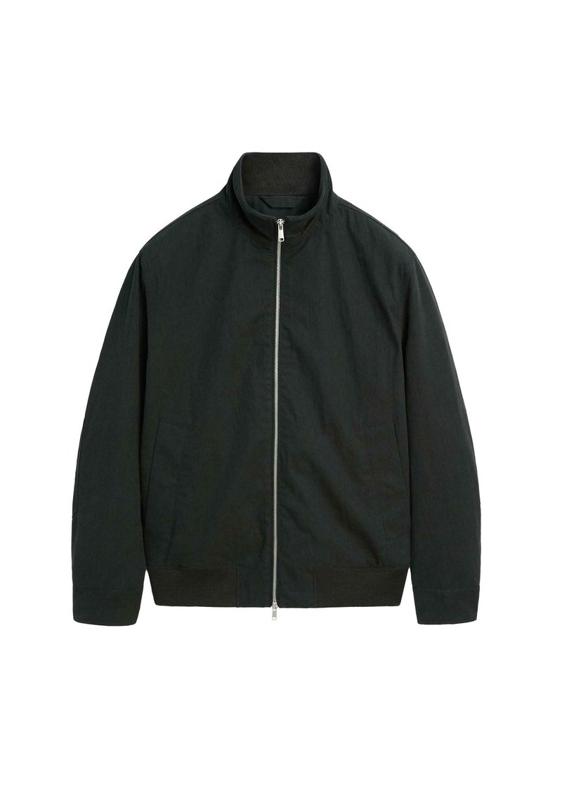 Black zip-up jacket, collarless design, made from lightweight fabric, features two side pockets and ribbed cuffs at the hem and sleeves.