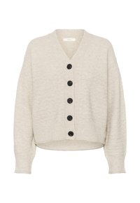 Beige gestrickte Strickjacke mit fünf großen schwarzen Knöpfen, V-Ausschnitt, langen Ärmeln sowie geripptem Saum und Bündchen.