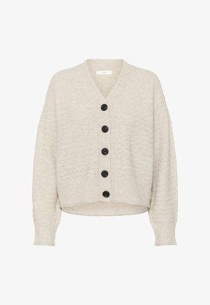 Cárdigan beige de punto con cinco grandes botones negros, escote en V, mangas largas y dobladillo y puños acanalados.