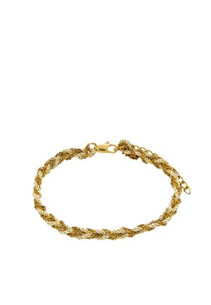 Bransoletka z plecionym łańcuszkiem w kolorze złotym i srebrnym, z zapięciem karabińczykowym oraz regulowanymi ogniwami na białym tle.