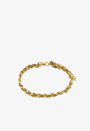 Bransoletka z plecionym łańcuszkiem w kolorze złotym i srebrnym, z zapięciem karabińczykowym oraz regulowanymi ogniwami na białym tle.