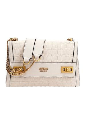 White woven handbag with gold chain strap, bold closures, and mixed textures. Features prominent brand logo and clean geometric lines.