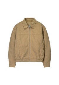 Tan Bomberjacke aus weichem Stoff, mit einem vorderen Reißverschluss, Seitentaschen und elastischen Bündchen für einen formschlüssigen Look. Glatte Textur.