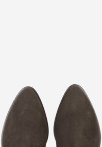 Bottines en daim marron avec un design à bout pointu et une texture lisse, présentant un petit talon et un style minimaliste.