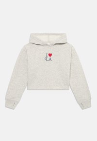 Haut de survêtement gris coupé avec une impression à l'avant lisant "I ♥ LA" en rouge et bleu. Fabriqué en tissu doux, avec une capuche et des manches longues.