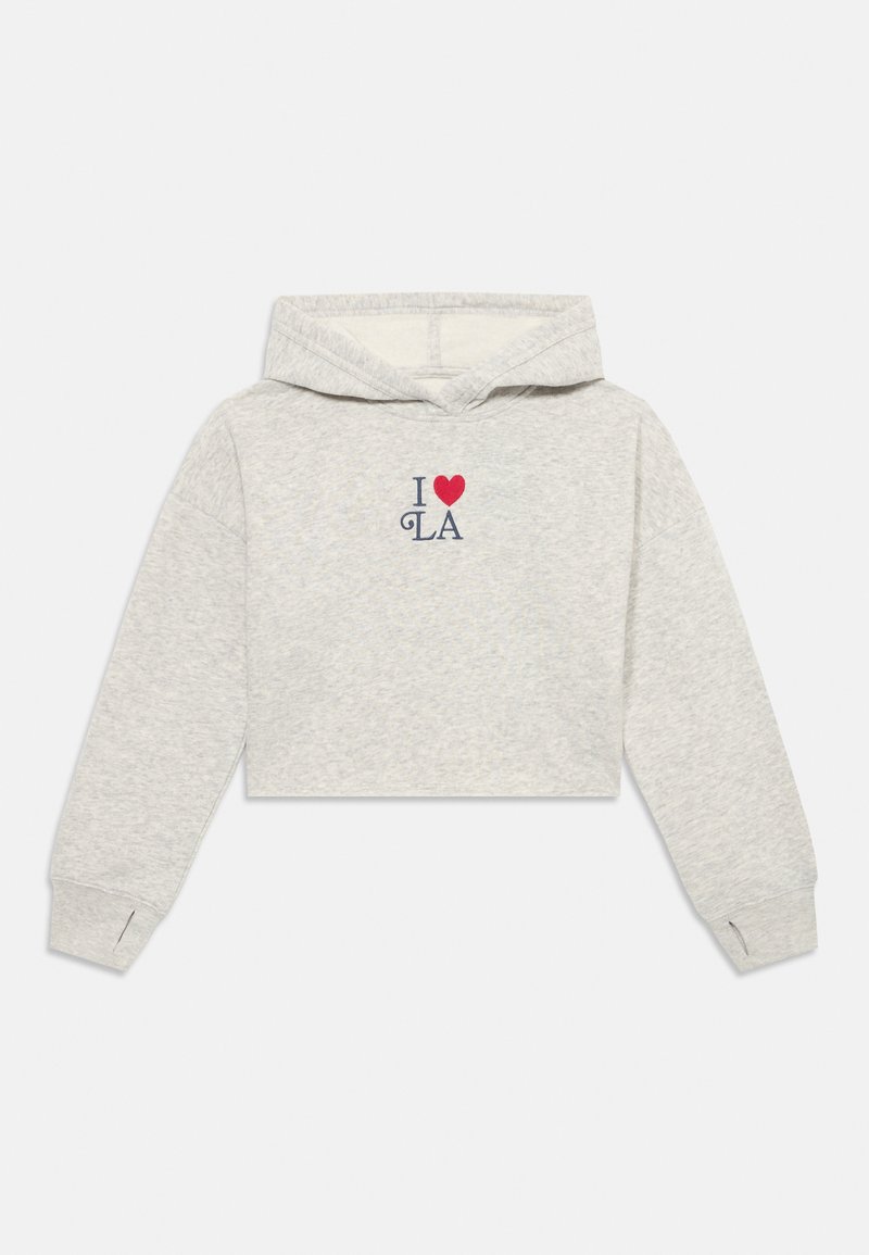 Haut de survêtement gris coupé avec une impression à l'avant lisant "I ♥ LA" en rouge et bleu. Fabriqué en tissu doux, avec une capuche et des manches longues.