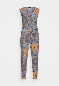 Combinaison sans manches à col en V avec un motif cachemire coloré en gris, orange et bleu. Cintrée à la taille avec un détail ceinture.