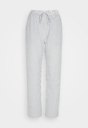 Vieglie kokvilnas pidžamu bikses ar elastīgu jostasvietu un auklu. Ar ziliem un baltiem vertikāliem svītrām un sānu kabatām.