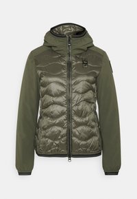 Gevoerde jas in donkergroen, met een doorgestikte voorkant, zachte mouwen, een capuchon en een rits aan de voorkant met zijzakken.