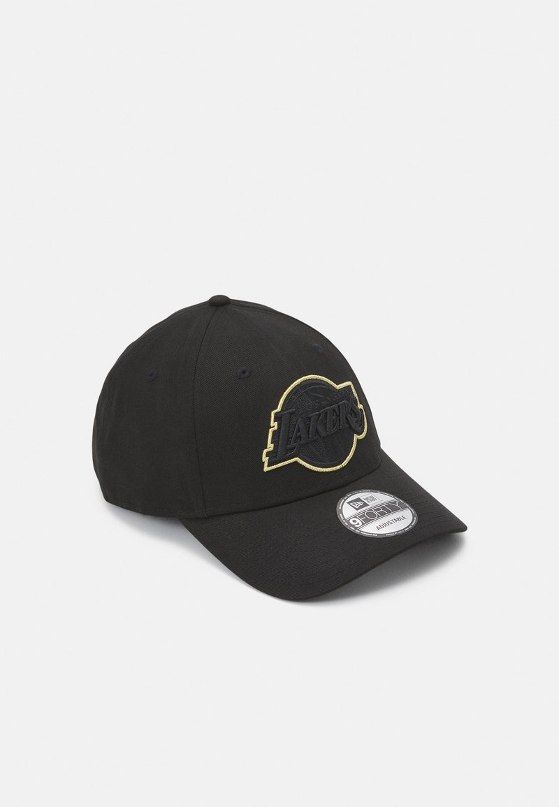Black baseball cap with a raised embroidered gold and black "Lakers" logo, featuring a structured crown and curved visor. Adjustable fit.