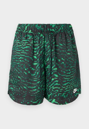 Svarte og grønne, pikselmønstrede Nike treningsshorts med elastisk midjebånd og hvit Nike-logo på venstre ben.