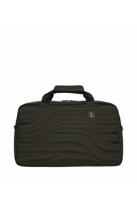 Borsa per laptop di colore verde scuro con texture trapuntata ondulata, doppio manico, chiusura superiore a cerniera e un'etichetta rotonda con logo sul davanti.