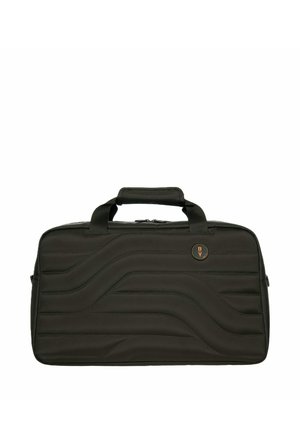 Sacoche d'ordinateur portable vert foncé avec une texture matelassée ondulée, deux poignées, fermeture éclair sur le dessus et une étiquette logo ronde à l'avant.