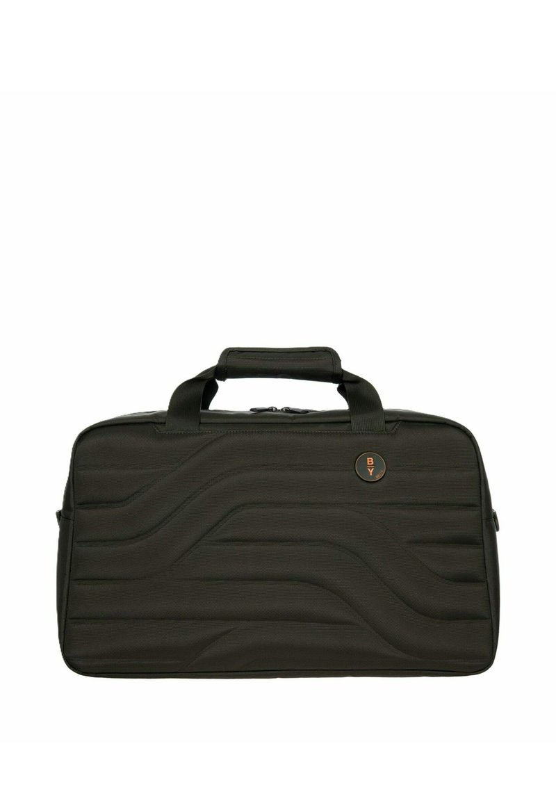 Borsa per laptop di colore verde scuro con texture trapuntata ondulata, doppio manico, chiusura superiore a cerniera e un'etichetta rotonda con logo sul davanti.