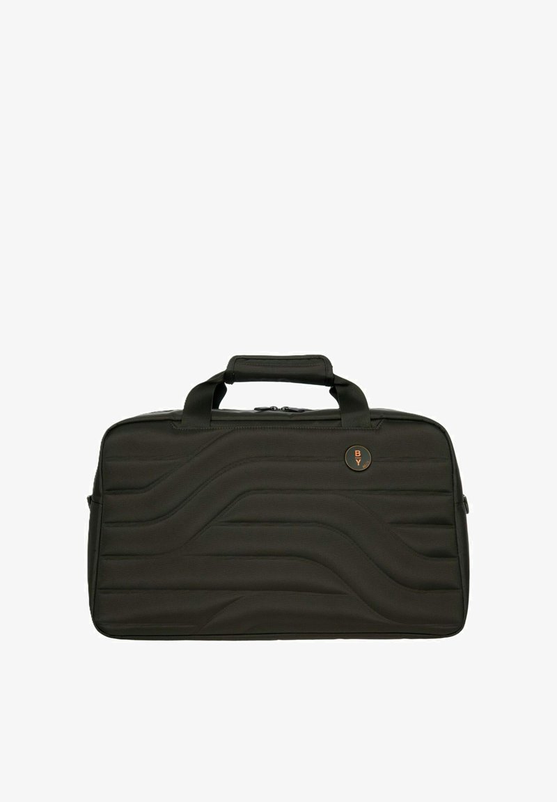 Borsa per laptop di colore verde scuro con texture trapuntata ondulata, doppio manico, chiusura superiore a cerniera e un'etichetta rotonda con logo sul davanti.