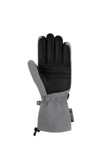 Guanto impermeabile con palmo in pelle nera e parte superiore in tessuto grigio. Design a polsino con chiusura elastica e regolabile.