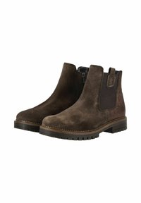 Botas de ante marrón hasta el tobillo con paneles laterales elásticos, acentos texturizados, suelas de goma y lengüetas para ponerlas y quitarlas fácilmente.