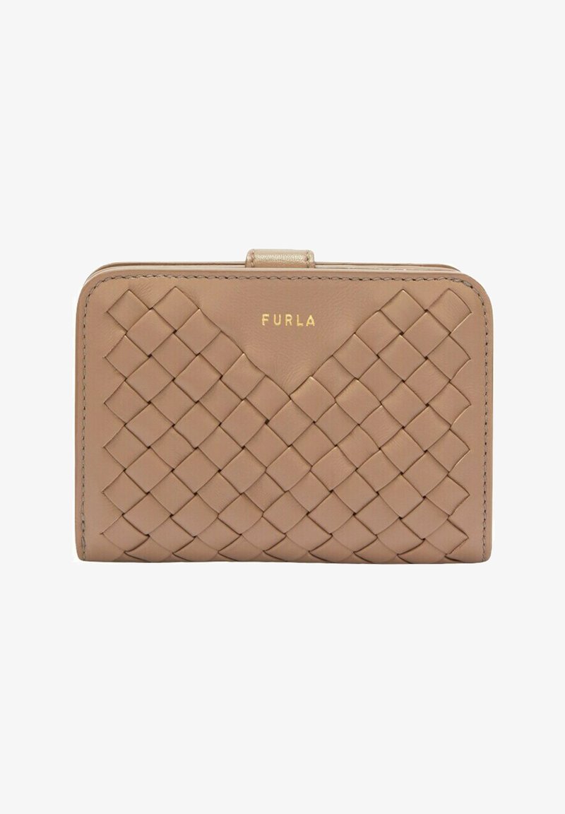 Furla-portemonnee van geweven beige leer met een rechthoekige vorm, met een gouden logo en een klapsluiting.