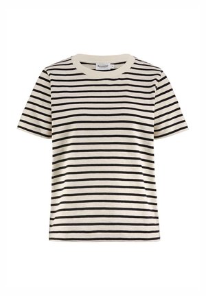 Gestreept t-shirt in beige en zwart, met korte mouwen, een ronde halslijn en een zachte, gestructureerde stof. Horizontale strepen die gelijkmatig verdeeld zijn.
