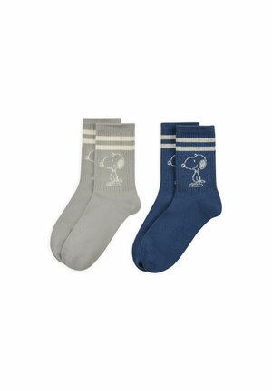 Two pairs of crew socks, one gray and one navy blue, each with white stripes and a Snoopy character design on the cuffs.