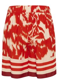 Rdeče in smetano obarvane kratke hlače s elastičnim pasom, ki imajo zobato zasnovo in vodoravne črte na robu.