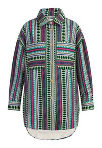 Camicia a maniche lunghe con bottoni, multicolore, caratterizzata da un evidente motivo geometrico in verde, rosa e blu su sfondo crema. Presenta maniche lunghe e colletto.
