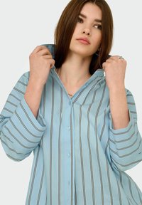 Camicia button-up azzurra chiara con strisce verticali nere, dotata di maniche lunghe e colletto piegato. Tessuto dalla texture liscia e vestibilità comoda.