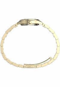 Gouden metalen horloge met een flexibele schakelarmband, ronde wijzerplaat en een glanzende bezel. De wijzerplaat is voorzien van kristallen accenten en een eenvoudige kroon.