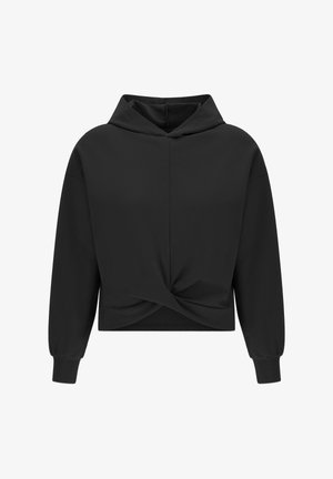 Schwarzer kurzer Hoodie mit langen Ärmeln, einer vorderen Knoten-Detail und einer vertikalen Naht in der Mitte.