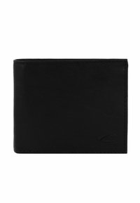 Black leather wallet featuring a smooth texture, bi-fold design, subtle stitching, and a debossed logo in the bottom right corner.