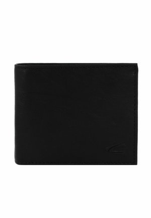 Black leather wallet featuring a smooth texture, bi-fold design, subtle stitching, and a debossed logo in the bottom right corner.