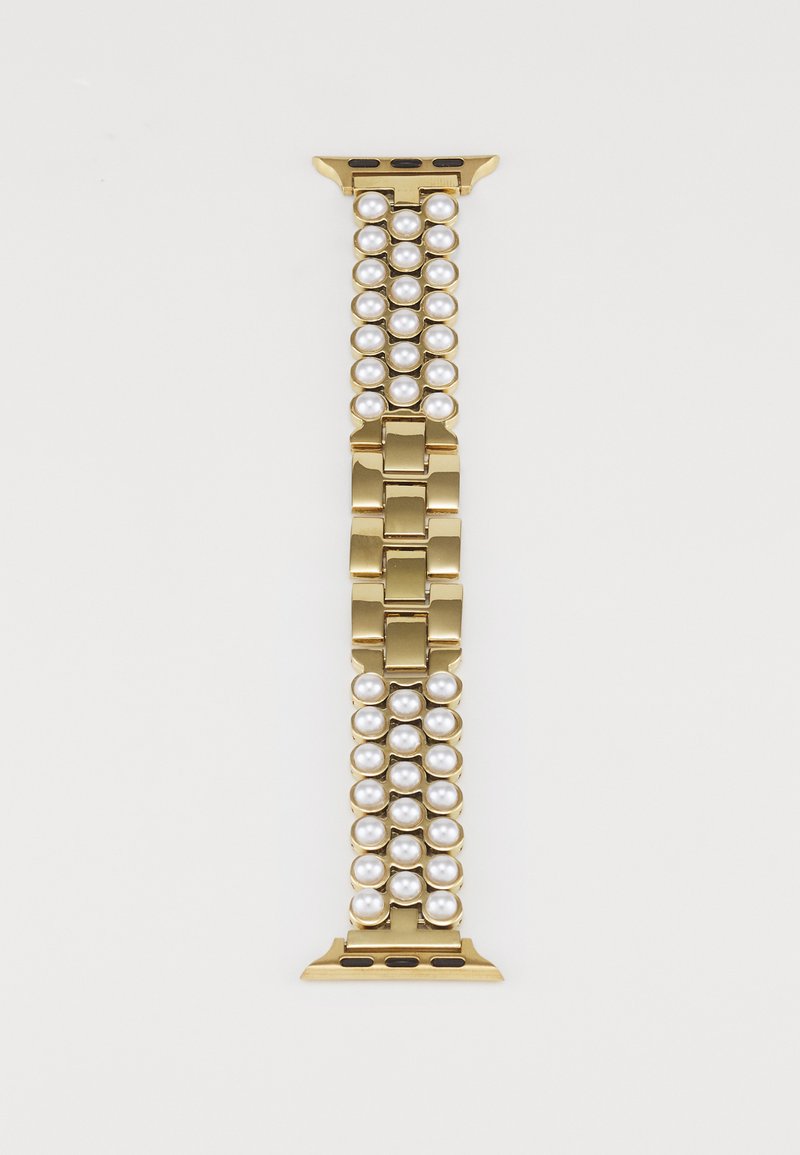 Pulseira de relógio em metal dourado com detalhes em pérolas, apresentando um design ligado com pérolas redondas e elos de metal retangulares ao longo de toda a peça.
