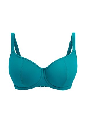 Turquoise beha met beugel, voorgevormde cups, verstelbare bandjes en haak- en oogsluiting. Gladde stof met een naadloos ontwerp en geen zichtbare patronen.