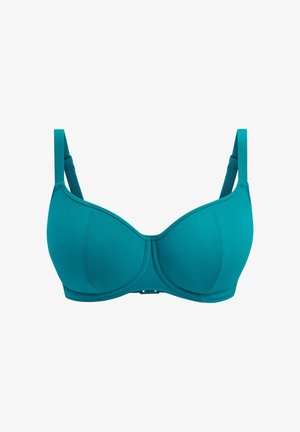 Turquoise beha met beugel, voorgevormde cups, verstelbare bandjes en haak- en oogsluiting. Gladde stof met een naadloos ontwerp en geen zichtbare patronen.