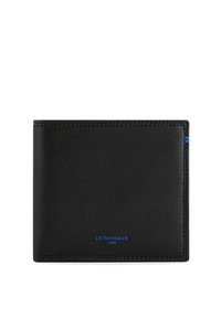 Portafoglio in pelle nera con cuciture blu, caratterizzato da un design minimalista. Logo stampato in blu nella parte inferiore, che evidenzia una texture liscia e raffinata.