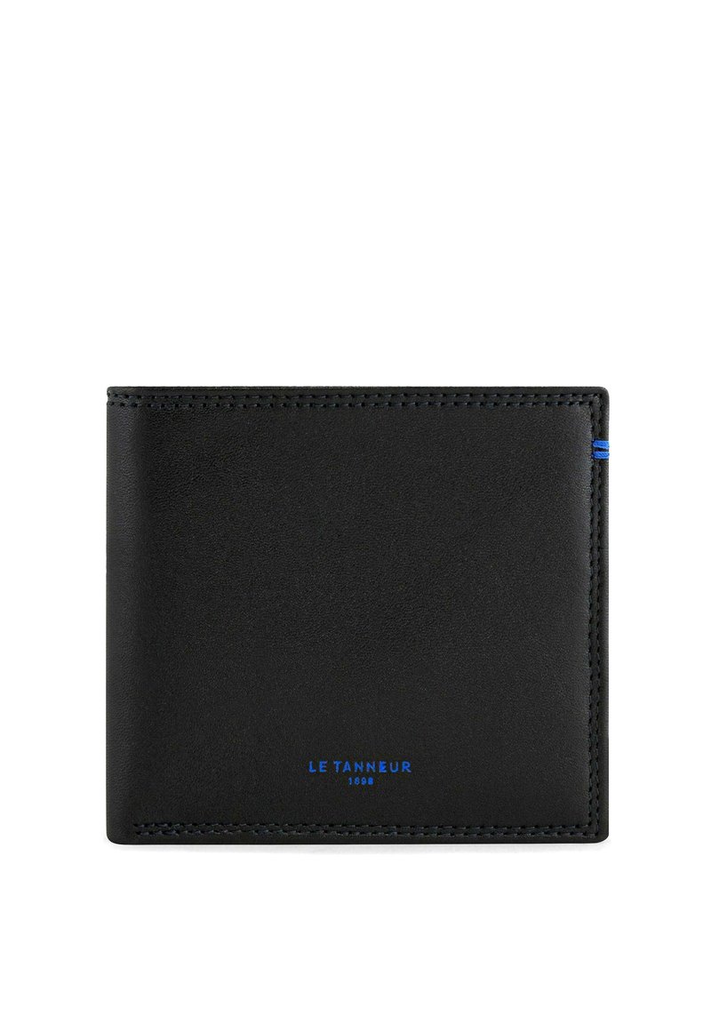 Portafoglio in pelle nera con cuciture blu, caratterizzato da un design minimalista. Logo stampato in blu nella parte inferiore, che evidenzia una texture liscia e raffinata.