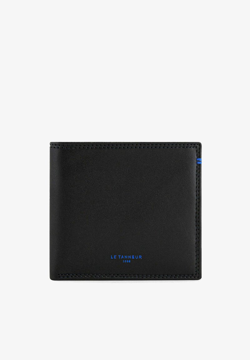 Portafoglio in pelle nera con cuciture blu, caratterizzato da un design minimalista. Logo stampato in blu nella parte inferiore, che evidenzia una texture liscia e raffinata.