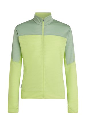 Chaqueta zip-up de color verde claro y salvia con mangas largas, cuello alto y agujeros para los pulgares en los puños, presentada sobre fondo blanco.