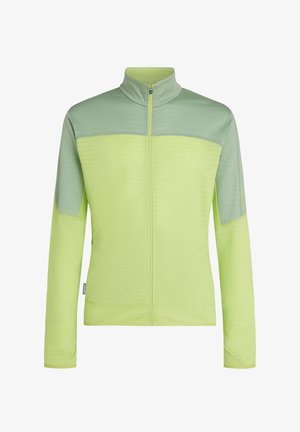 Light green and sage zip-up jacket with long sleeves, high collar, and thumbholes on cuffs, shown on white background.