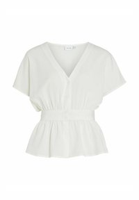 Blusa bianca con maniche corte e larghe, scollatura a V profonda, chiusura con bottoni frontale e vita arricciata per un effetto peplum, realizzata in tessuto leggero.