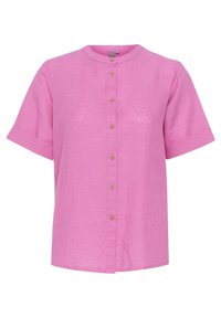 Kortärmad rosa skjorta med uppknäppning, tillverkad av lättviktig tyg, med rund halsringning och subtil textur. Guldtonade knappar räknas längs framsidan.