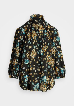 Blusa negra de manga larga con cuello alto y cierre de botones en el frente, con un estampado floral en tonos azul verdoso, blanco y naranja.