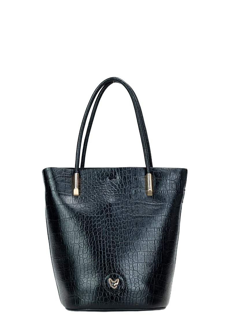 Borsa a tote nera in pelle sintetica effetto coccodrillo con finitura lucida. Due manici lunghi e accenti in metallo dorato con un logo nella parte inferiore.