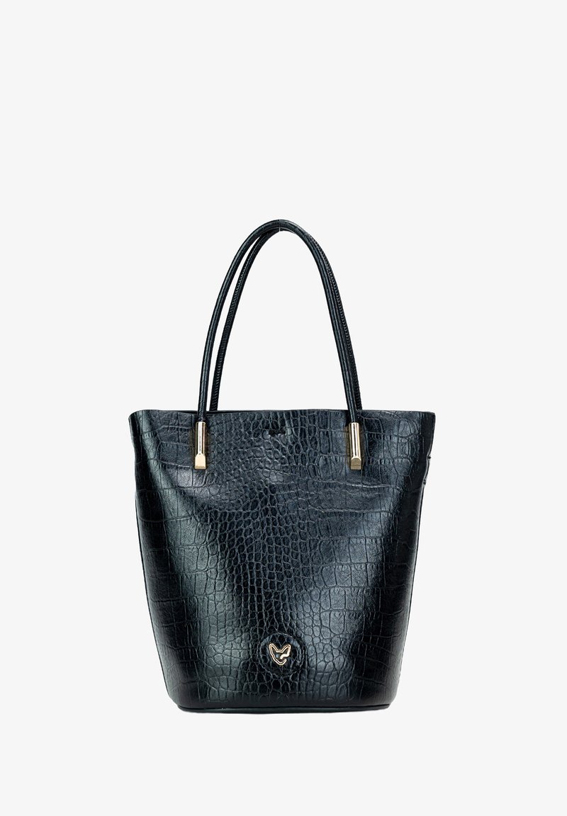 Borsa a tote nera in pelle sintetica effetto coccodrillo con finitura lucida. Due manici lunghi e accenti in metallo dorato con un logo nella parte inferiore.