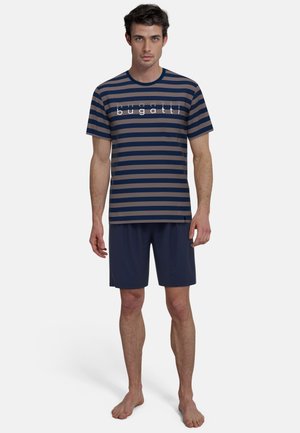 Gestreiftes Kurzarm-T-Shirt in Marineblau und Beige mit Logo; kombiniert mit Marineblauen Shorts. Baumwollmischung, lockere Passform und glatte Textur.