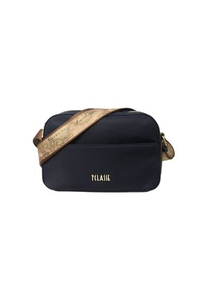 Borsa a tracolla nera rettangolare con chiusura a zip e tracolla regolabile con motivo mappa beige.