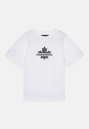 Witte katoenen t-shirt met een zwart grafisch ontwerp van een esdoornblad en de tekst "DSQUARED2" gecentreerd eronder. Korte mouwen en ronde hals.