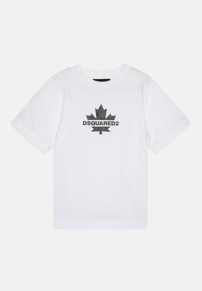 Witte katoenen t-shirt met een zwart grafisch ontwerp van een esdoornblad en de tekst "DSQUARED2" gecentreerd eronder. Korte mouwen en ronde hals.